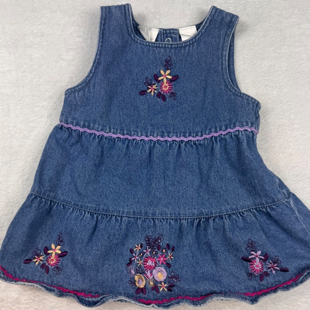 Miniwear Baby Girls 24M Denim Floral Embroidered Tiered Dress Ric Rac Trim Blue
